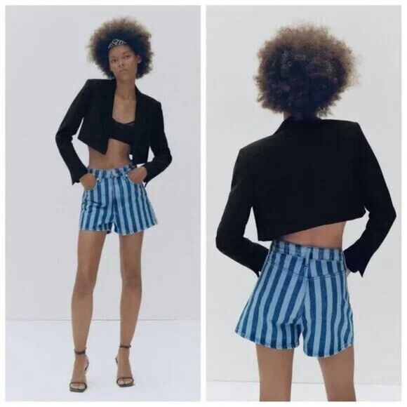 Zara Striped High Rise High Waist Denim Shorts Size US 4 (EU 36) - Picture 7 of 7